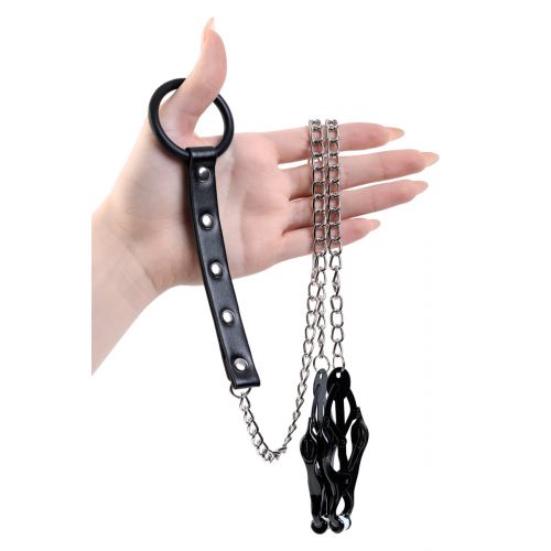 Зажимы для сосков с кольцом для пениса, черно-серебристые