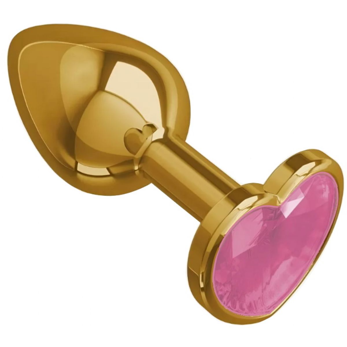 Золотая металлическая анальная пробка с нежно-розовым камушком в виде сердечка M