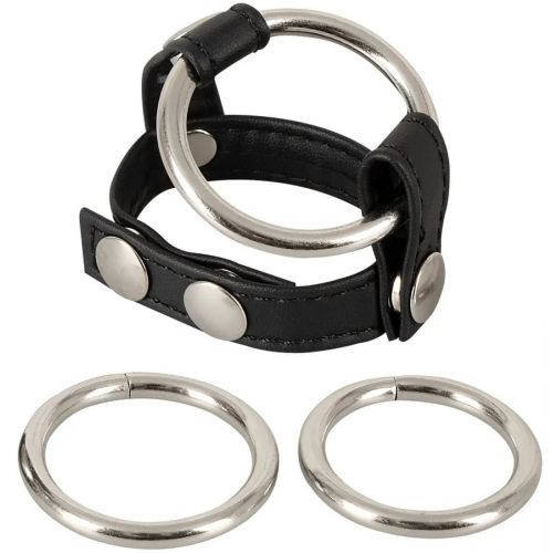 Кожаный хомут на пенис со сменными металлическими кольцами Bad Kitty