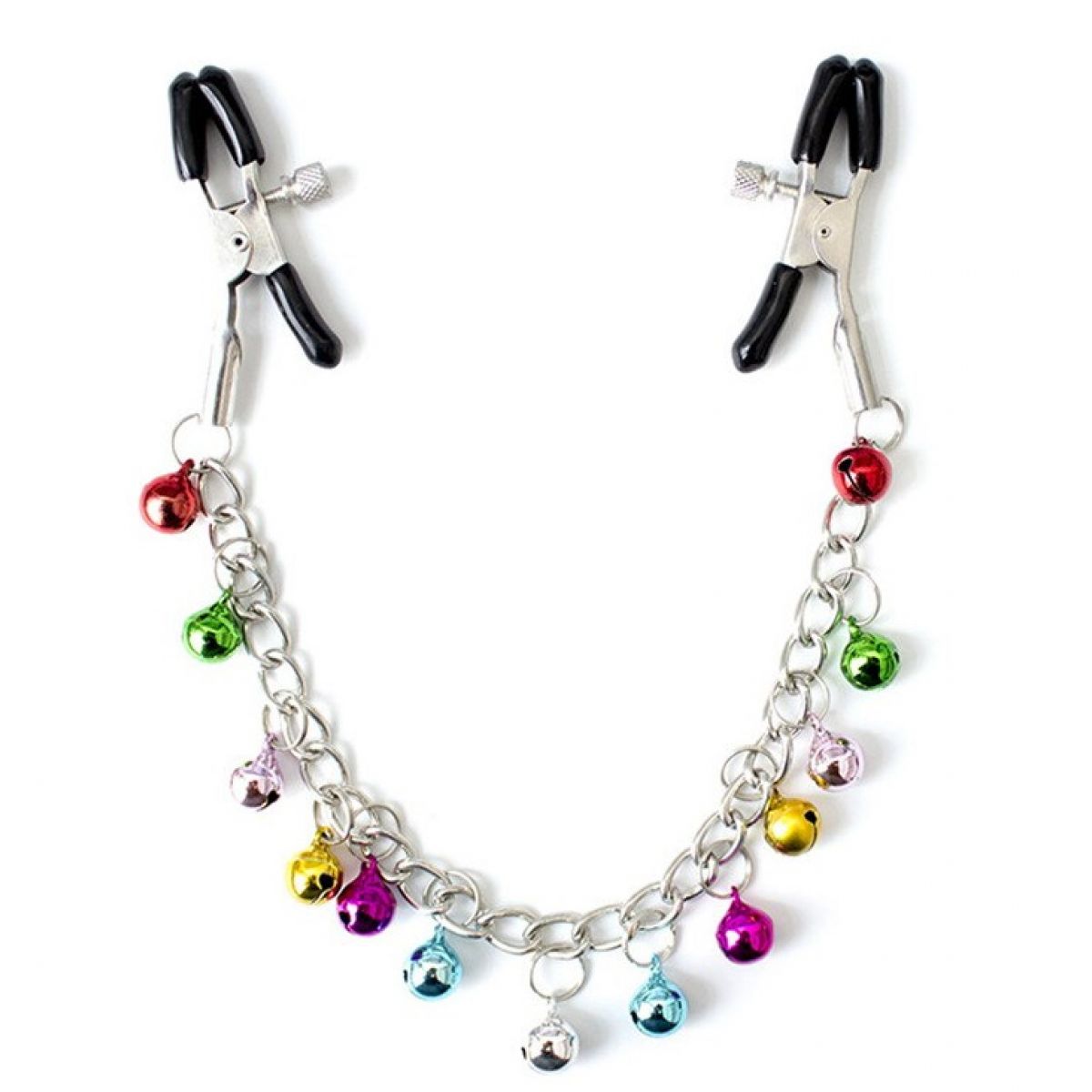 Зажимы для сосков на крупной цепочке с разноцветными бубенчиками
