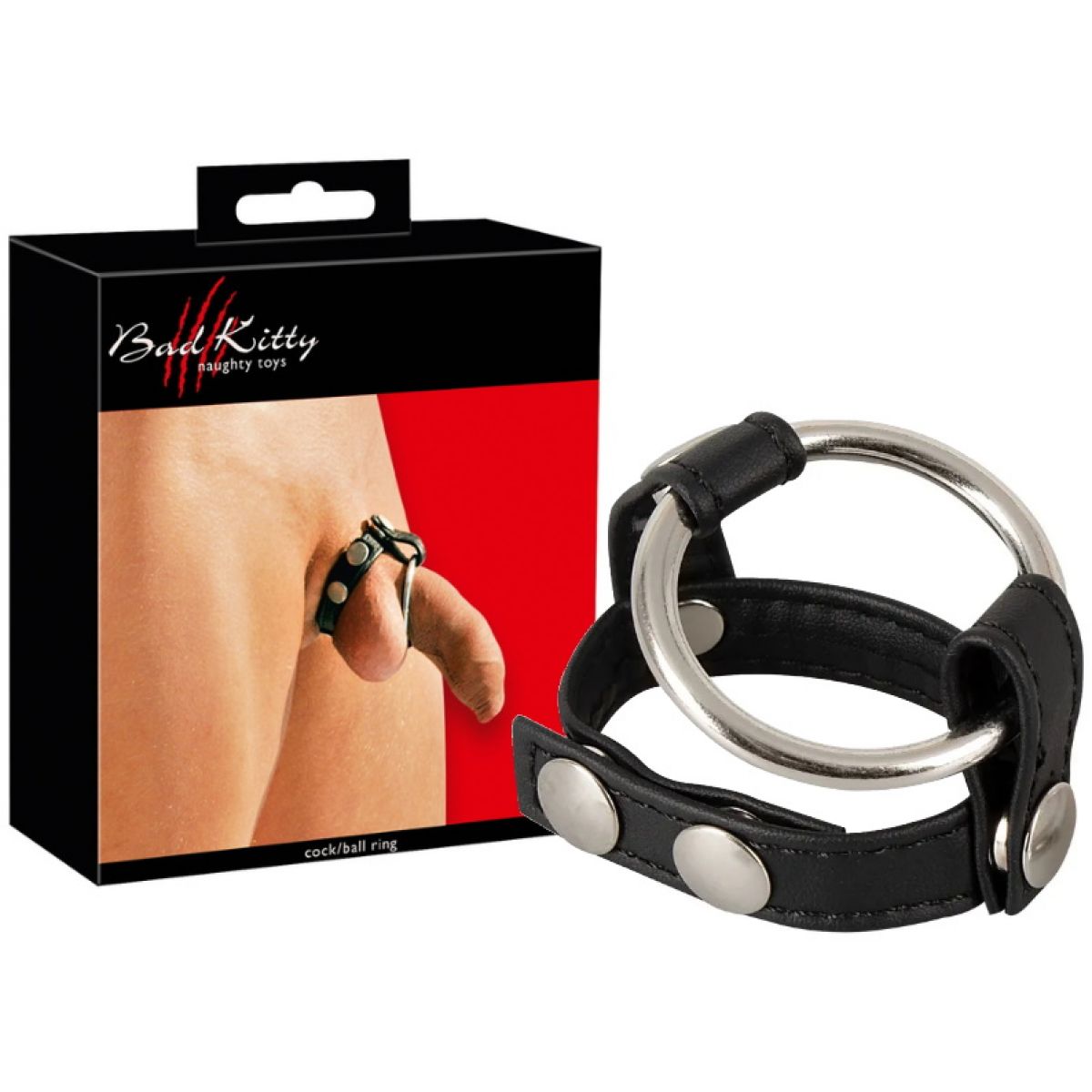 Кожаный хомут на пенис со сменными металлическими кольцами Bad Kitty