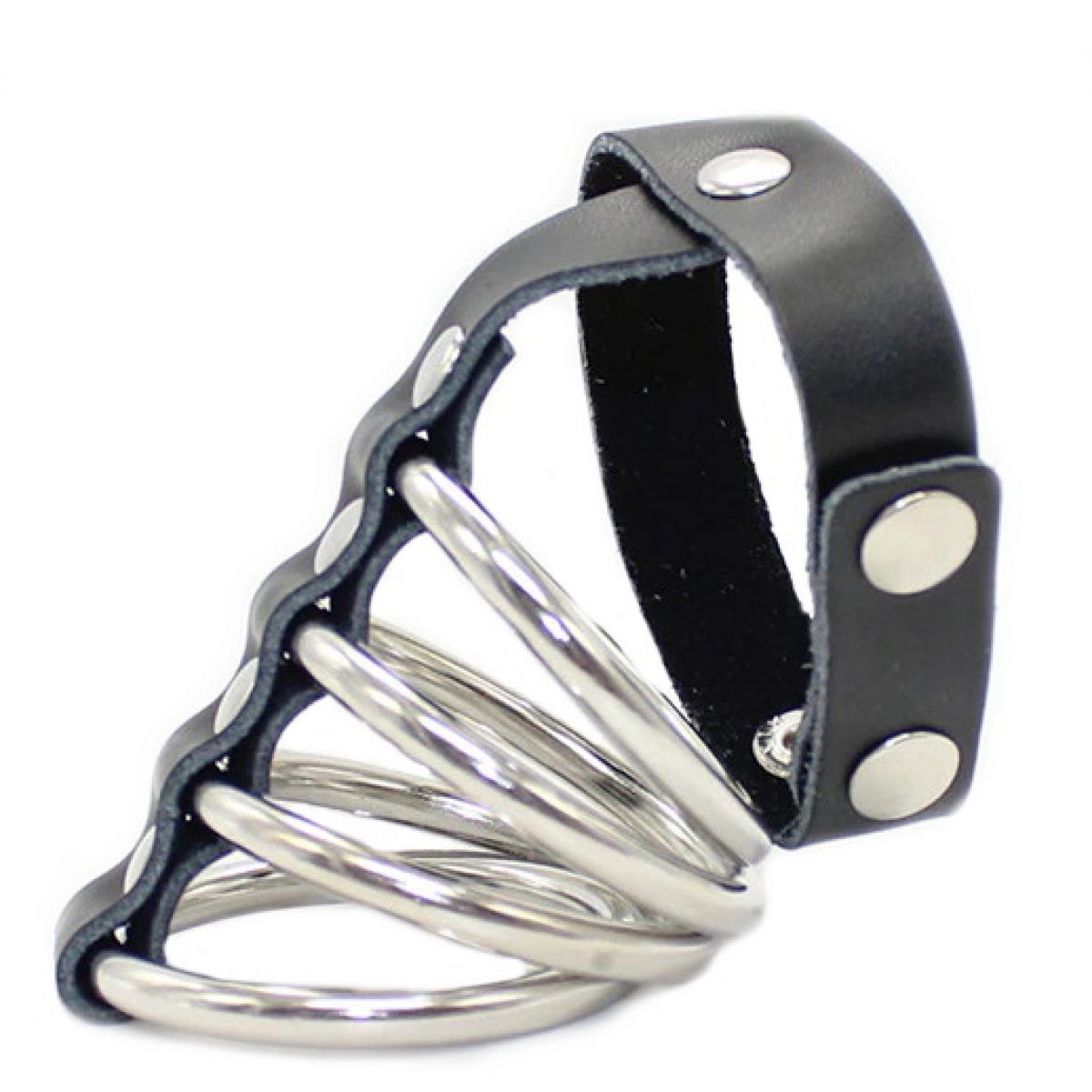 Хомут на пенис из 4 металлических колец с фиксирующим ремешком 