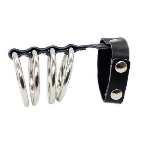 Хомут на пенис из 4 металлических колец с фиксирующим ремешком 