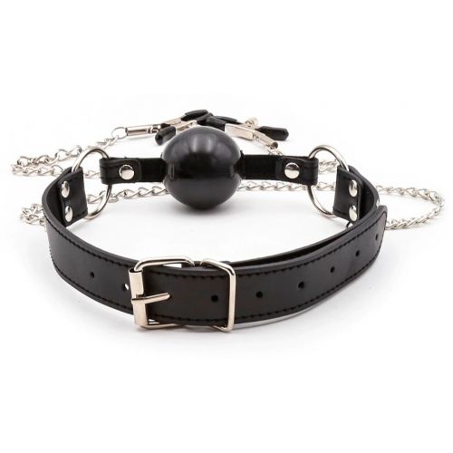 Черный кляп из силикона с зажимами для сосков