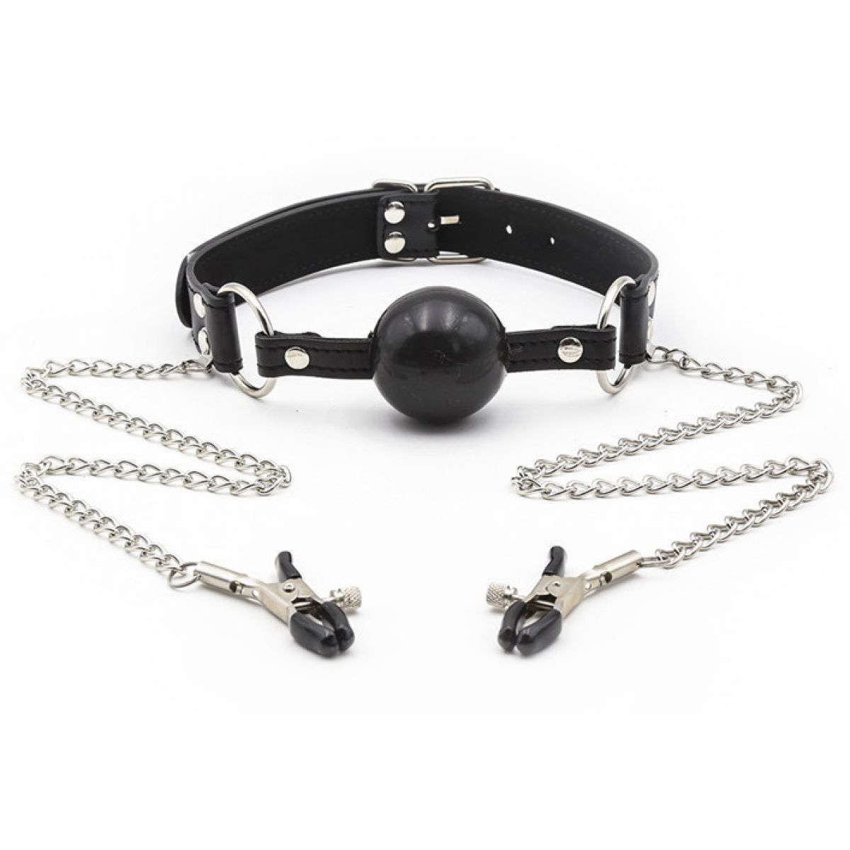 Черный кляп из силикона с зажимами для сосков