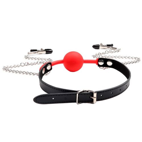 Силиконовый красный кляп с зажимами для сосков и замочком