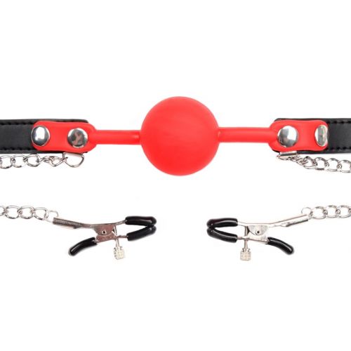 Силиконовый красный кляп с зажимами для сосков и замочком