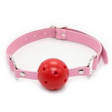 Красный кляп-шар на розовом ремешке