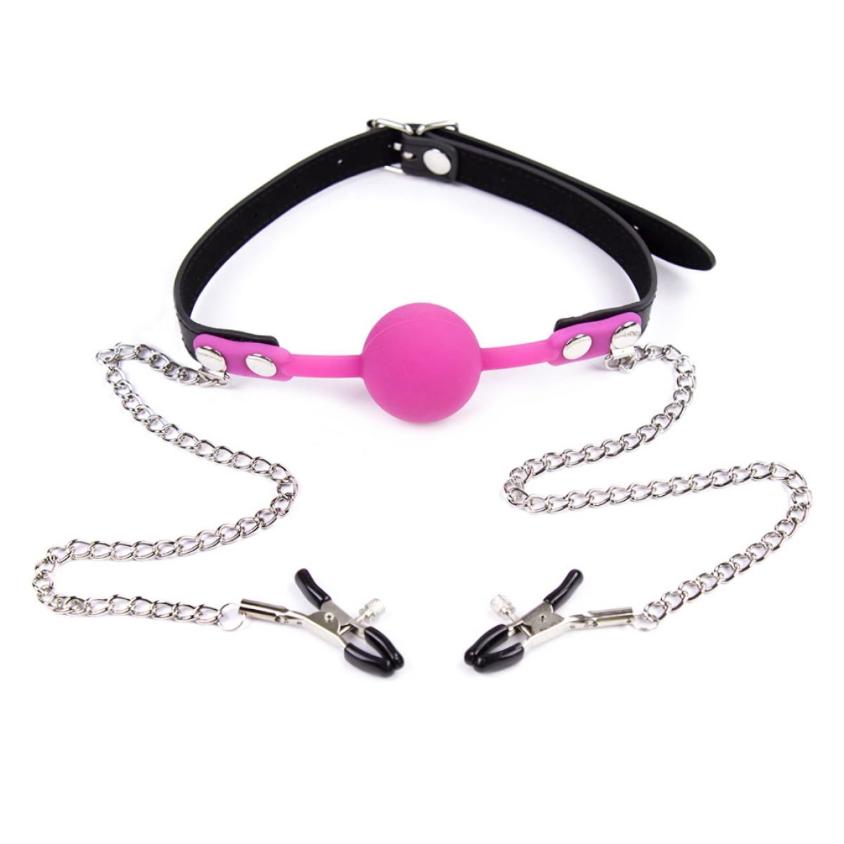 Силиконовый кляп фуксия с зажимами для сосков