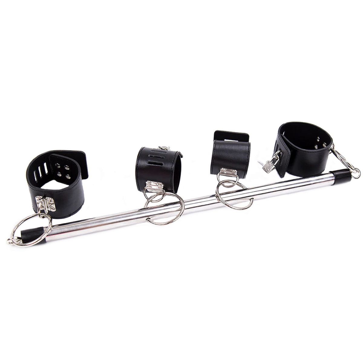 Длинная бондажная распорка с наручниками и поножами черного цвета