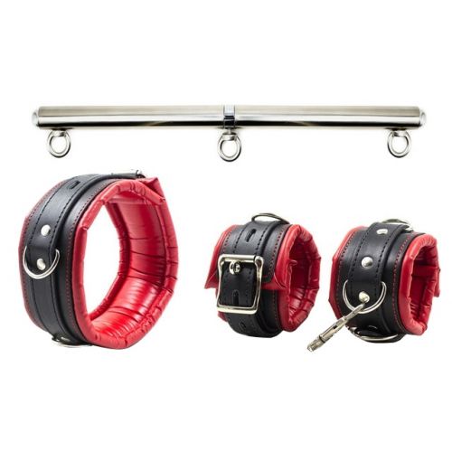 Бондажная распорка с ошейником и наручниками черно-красного цвета