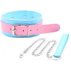 Розово-голубой ошейник с поводком на цепи