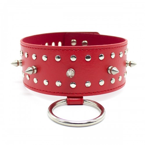 Ошейник с шипами и поводком на цепочке красный