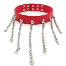Ошейник БДСМ красного цвета с цепочками