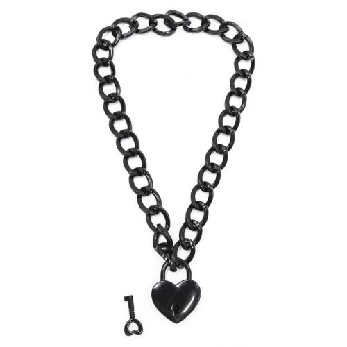 Черный ошейник-цепочка с замком Сердце на ключике