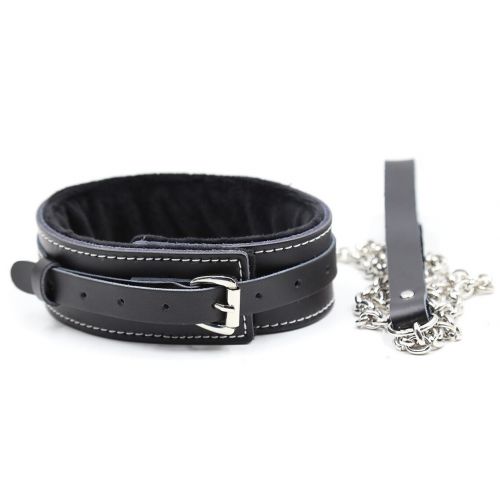 Черный БДСМ ошейник с поводком