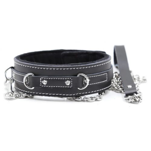 Черный БДСМ ошейник с поводком