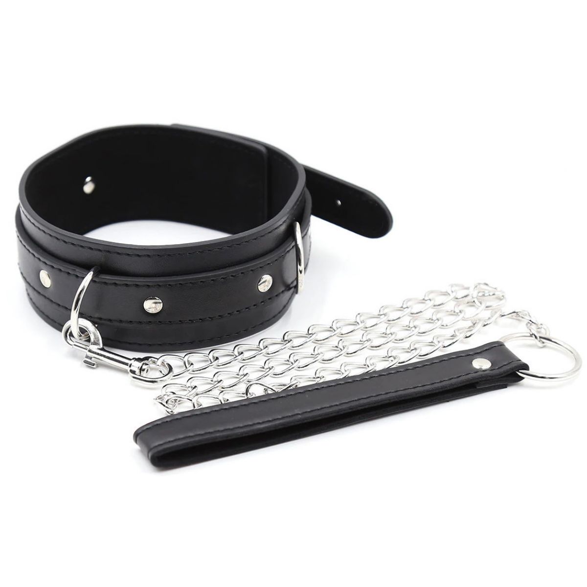 Классический черный ошейник с металлическим поводком