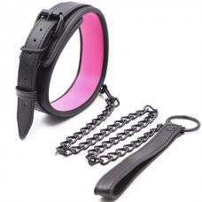 Ошейник с поводком на цепочке черно-розовый