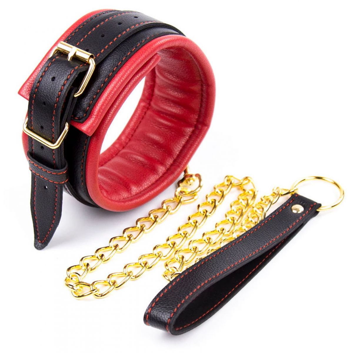Черно-красный ошейник с поводком на золотой цепи