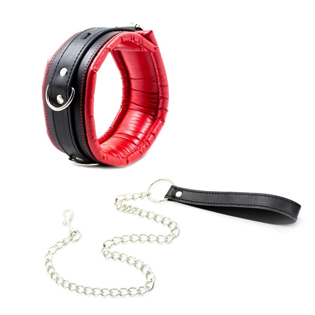 Ошейник с металлическим поводком черно-красный 