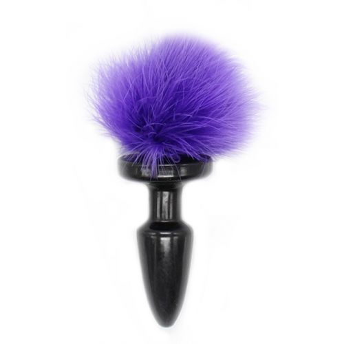 Черная силиконовая анальная пробка с пушистым фиолетовым хвостиком