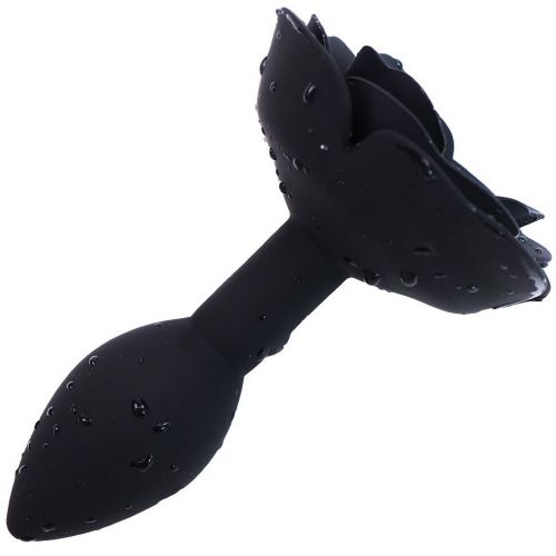 Черная силиконовая анальная пробка с розой S