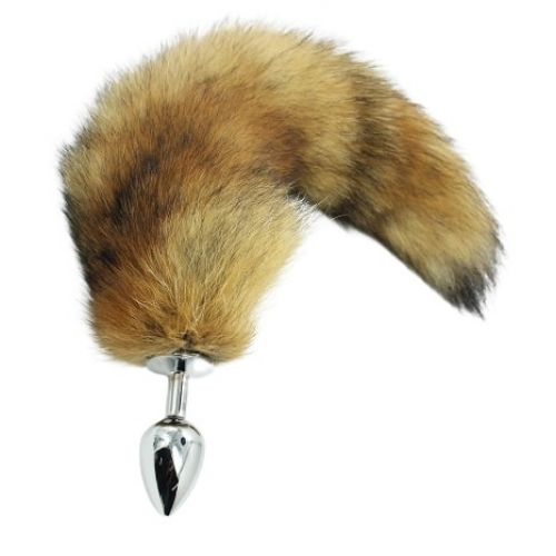 Металлическая анальная пробка M с лисьим хвостиком из натурального меха 39 см