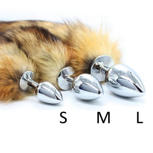 Металлическая анальная пробка M с лисьим хвостиком из натурального меха 39 см