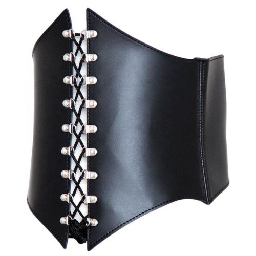 Черный корсет из натуральной кожи на шнуровке с открытой грудью