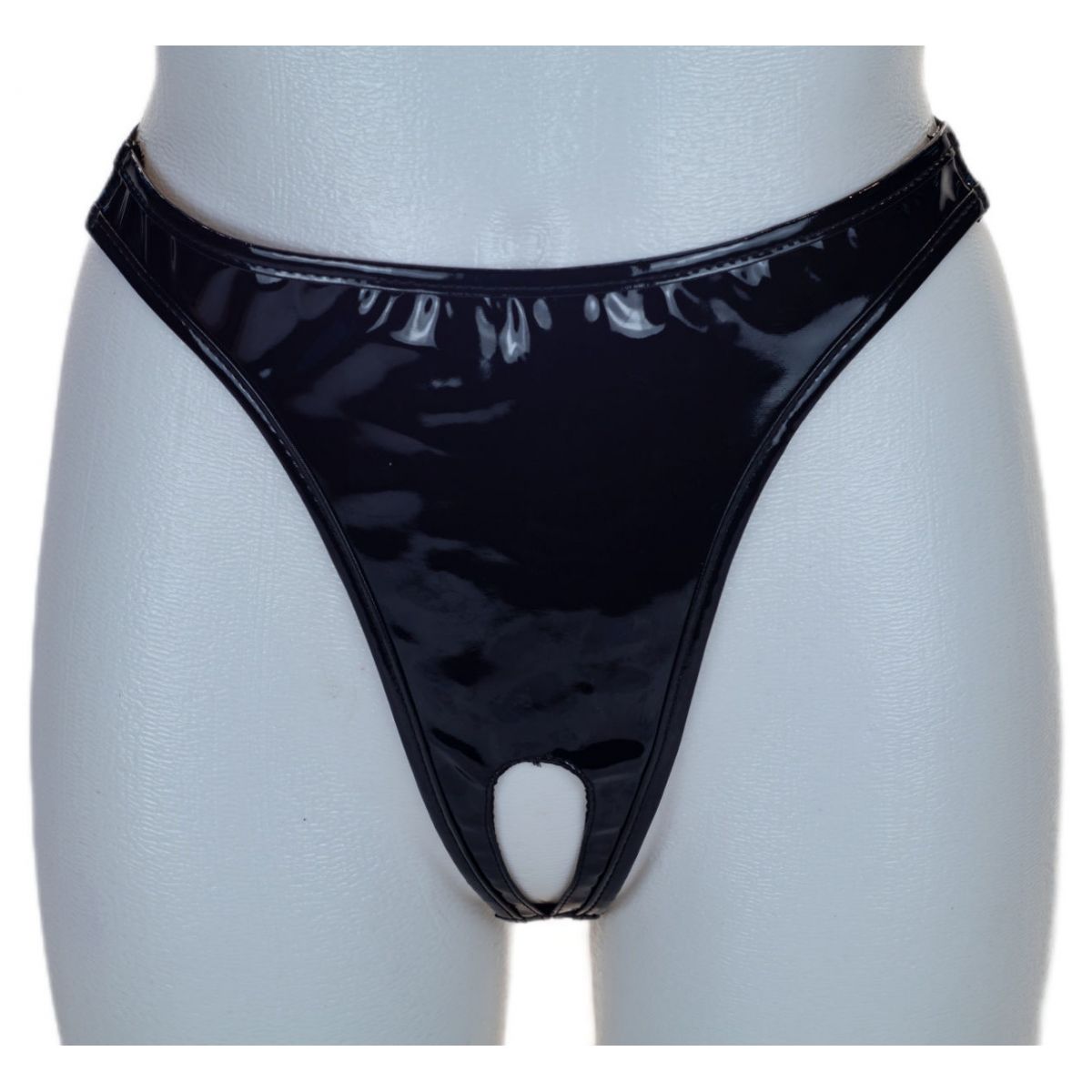 Черные лакированные стринги с доступом и кармашком для вибропули