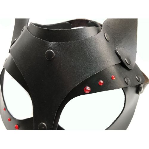 Кожаная чёрная маска со стразами и ушками Hand Made