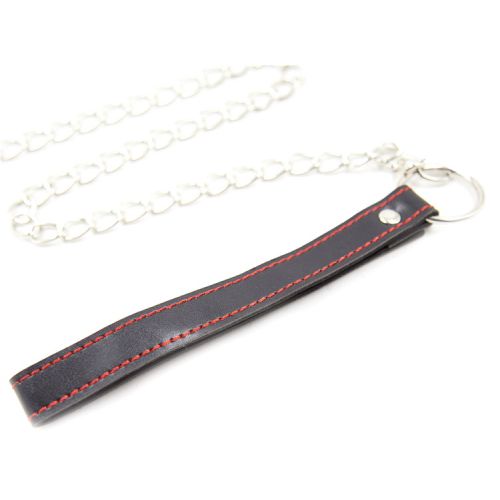 Черный поводок с красной строчкой для БДСМ аксессуаров с цепочкой 