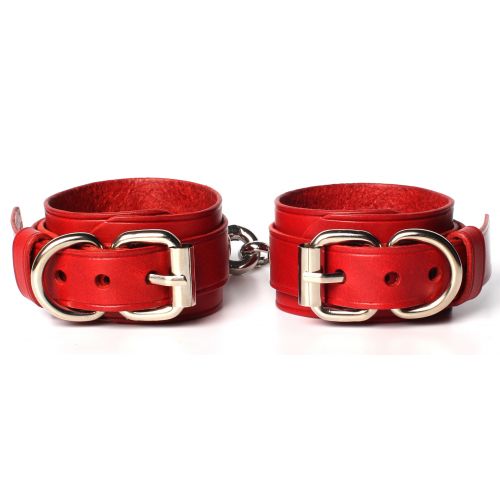 Кожаный набор ошейник с поводком и наручники красный