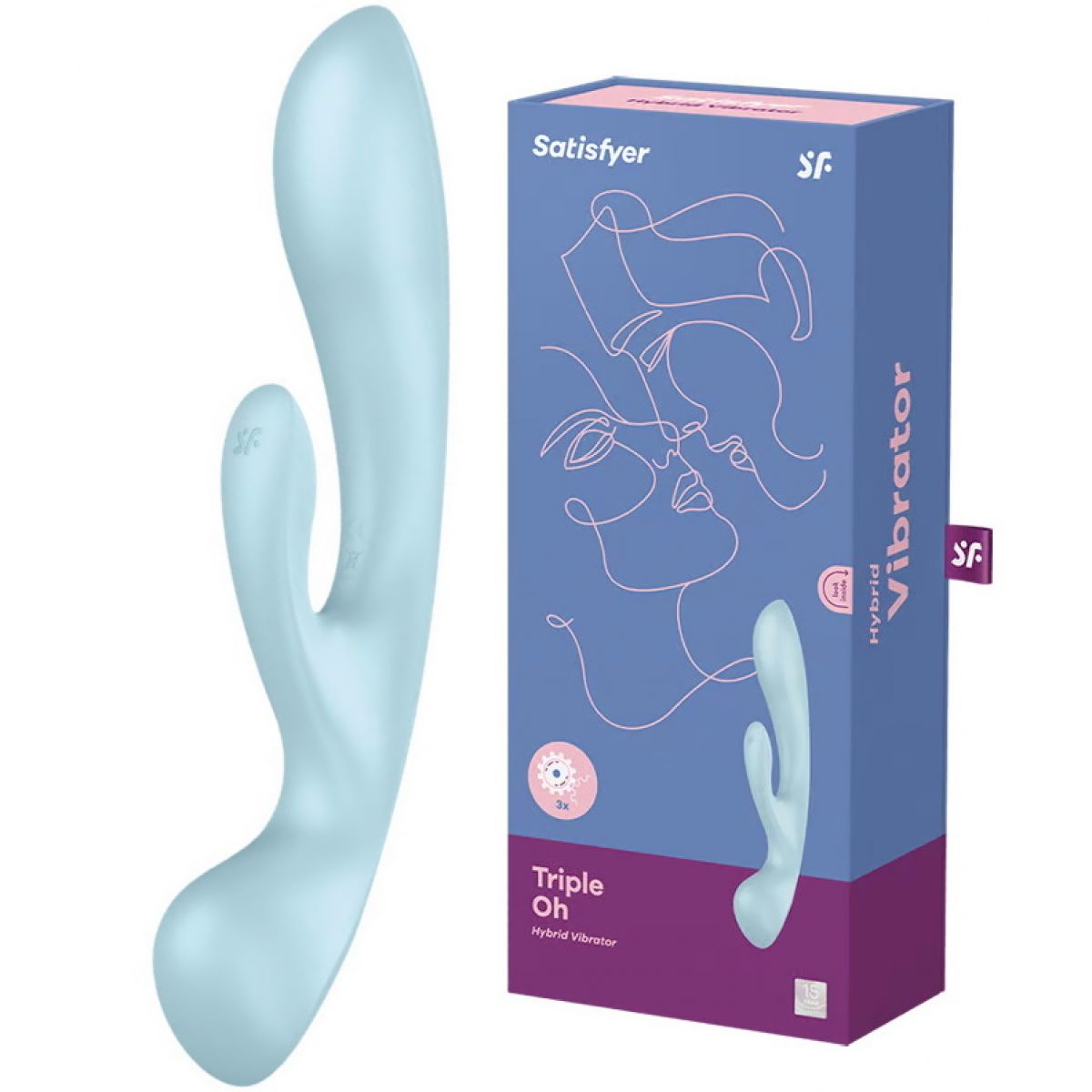 Двусторонний вибратор с клиторальным стимулятором Satisfyer Triple Oh Blue ДЕФОРМИРОВАННАЯ УПАКОВКА