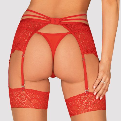 Красный кружевной пояс для чулок со стрепами Loventy S/M