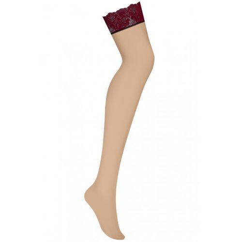 Бежевые чулки с красной кружевной резинкой L/XL