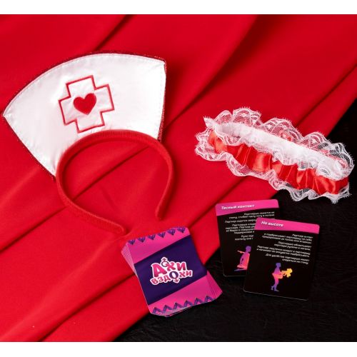 Эротический набор Ахи-Вздохи: Медсестра - ободок, подвязка, 10 карт