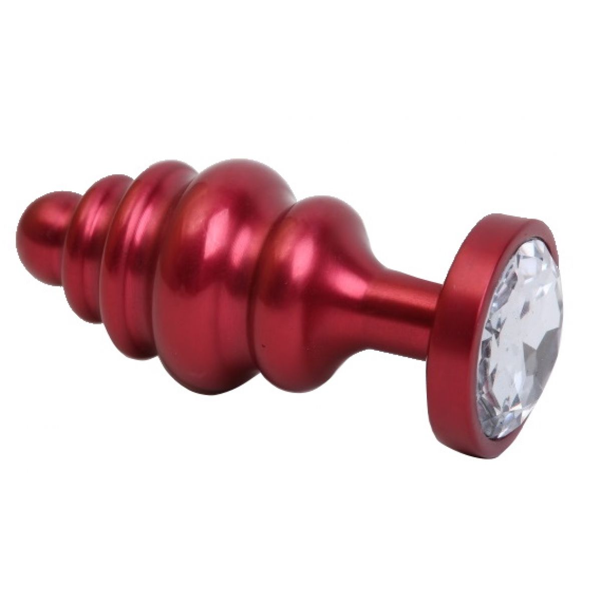 Красная рифленая анальная пробка с прозрачным стразом S