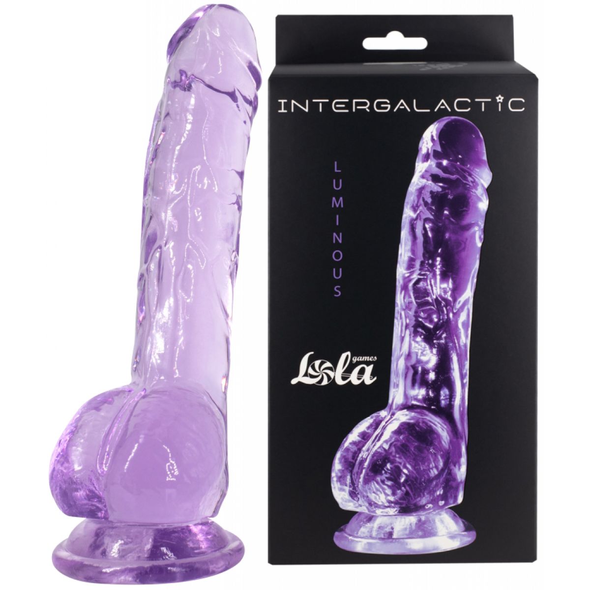Прозрачный фаллос с мошонкой Intergalactic Luminous Purple 20 см