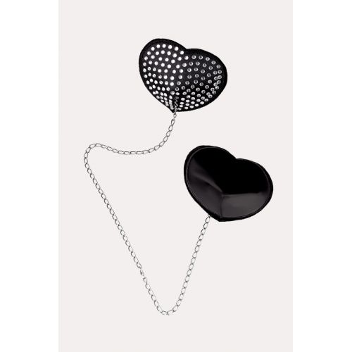 Черные пэстисы в форме сердец с серебристыми стразами соединенные цепочкой 