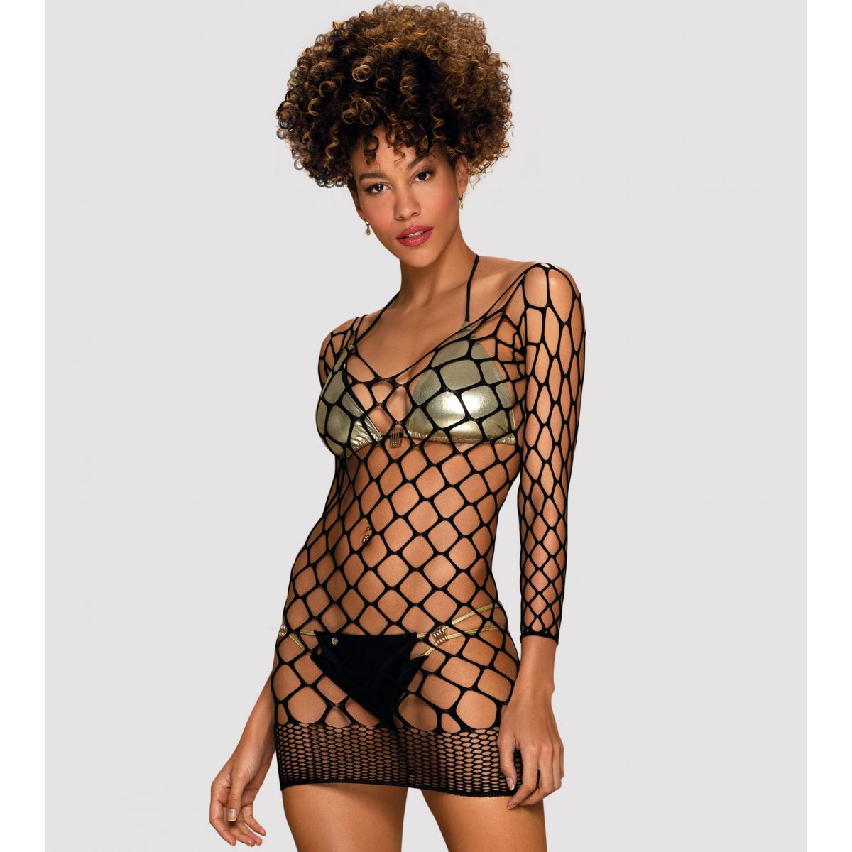 Черное мини-платье в крупную сетку с рукавами OS