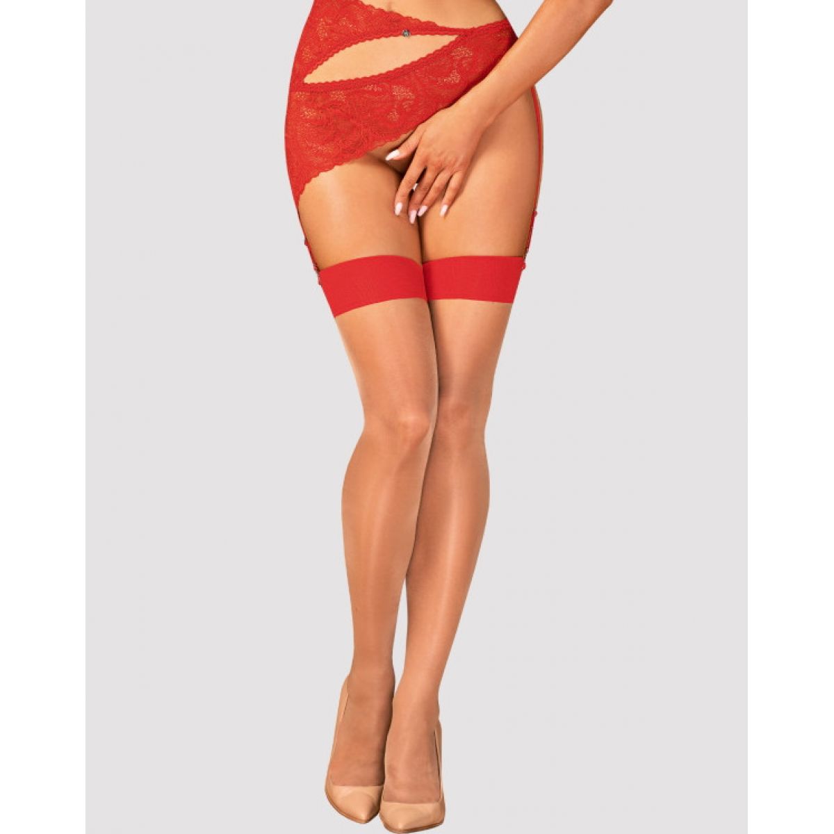 Бежевые чулки с красной резинкой L/XL