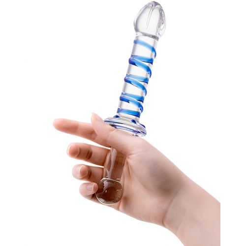 Двусторонний стеклянный фаллоимитатор с массажным рельефом