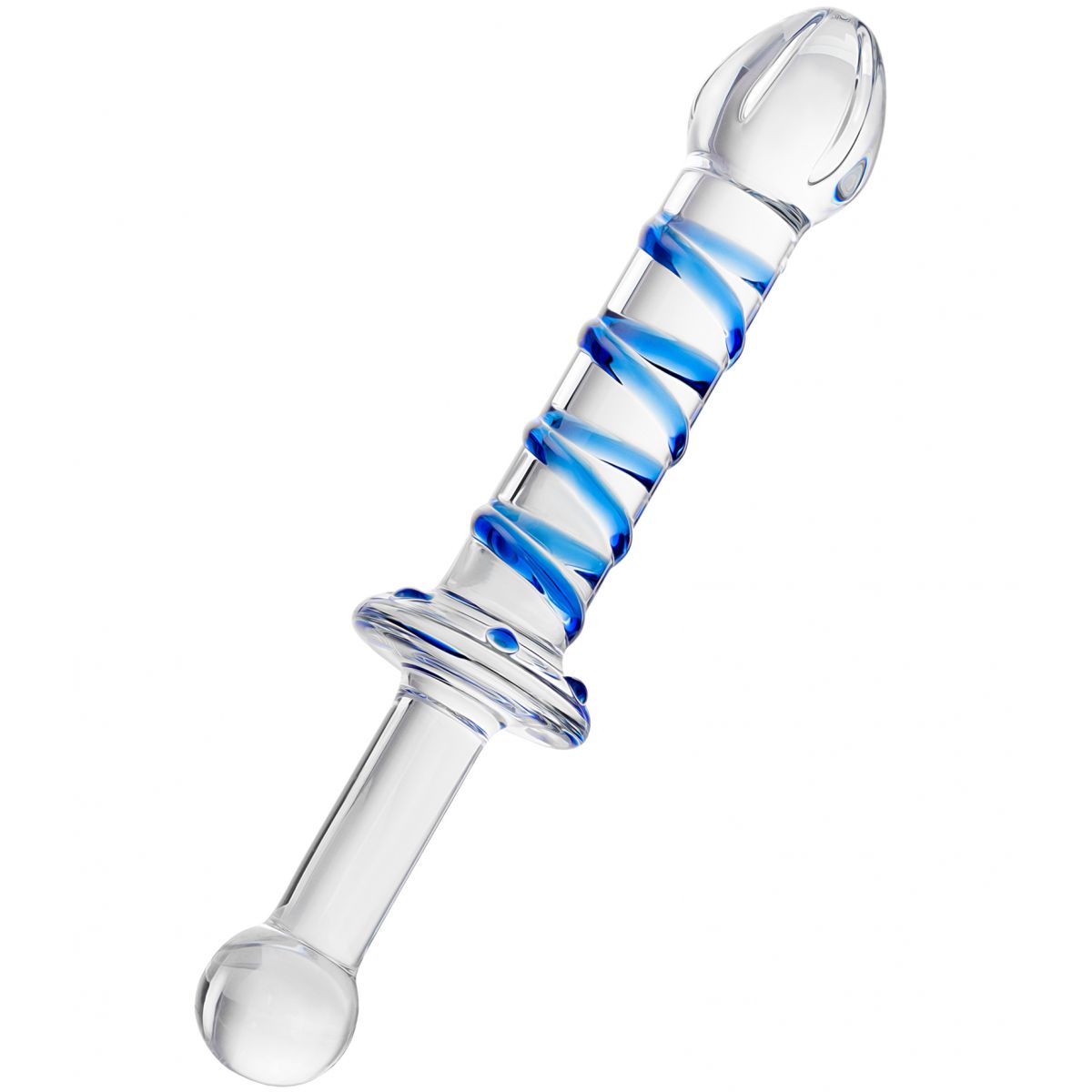 Двусторонний стеклянный фаллоимитатор с массажным рельефом