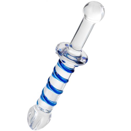 Двусторонний стеклянный фаллоимитатор с массажным рельефом