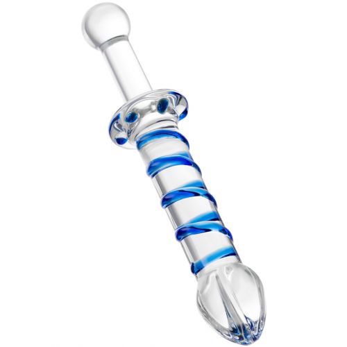 Двусторонний стеклянный фаллоимитатор с массажным рельефом