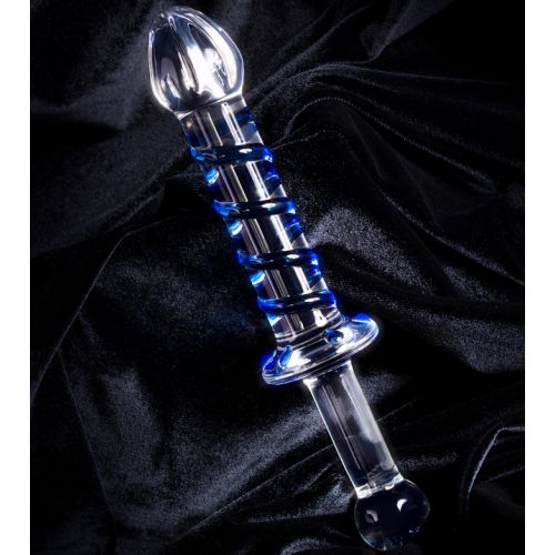 Двусторонний стеклянный фаллоимитатор с массажным рельефом