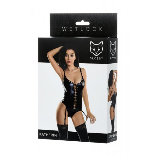 Секcуальное черное боди с пажами Glossy из материала Wetlook размер L