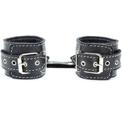 Наручники из натуральной черной кожи с белой строчкой